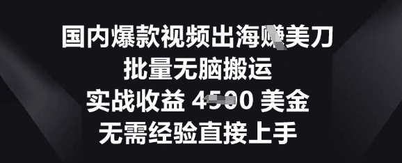 国内爆款视频出海挣美刀，批量无脑搬运，实战收益4.5k，无需经验直接上手-千优网创