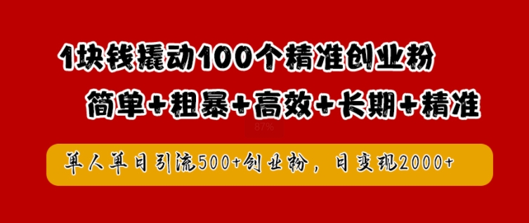 1块钱撬动100个精准创业粉，简单粗暴高效长期精准，单人单日引流500+创业粉，日变现2k【揭秘】-千优网创