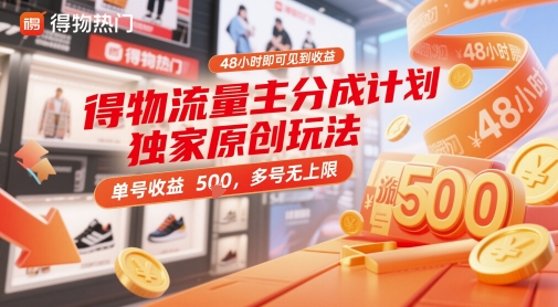 得物流量主分成计划独家原创玩法，48小时即可见到收益，单号收益5张，多号无上限【揭秘】-千优网创