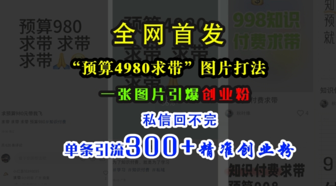 小红书“预算4980带我飞”图片打法，一张图片引爆创业粉，私信回不完，单条引流300+精准创业粉-千优网创